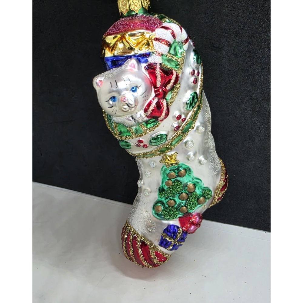 Old World Christmas Kitty Cat White Stocking Glass Ornament Glitter Handpainted